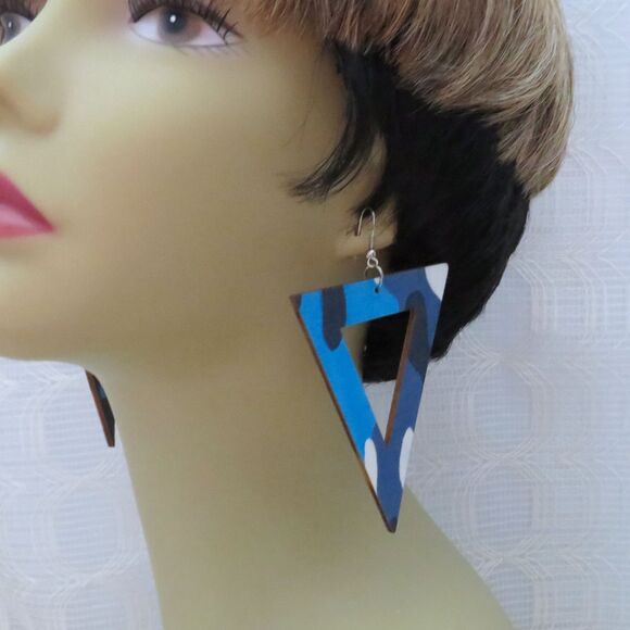 Inverted Triangle Blue Camo Dangle Earrings For Women 4 Inches - Picture 3 of 8